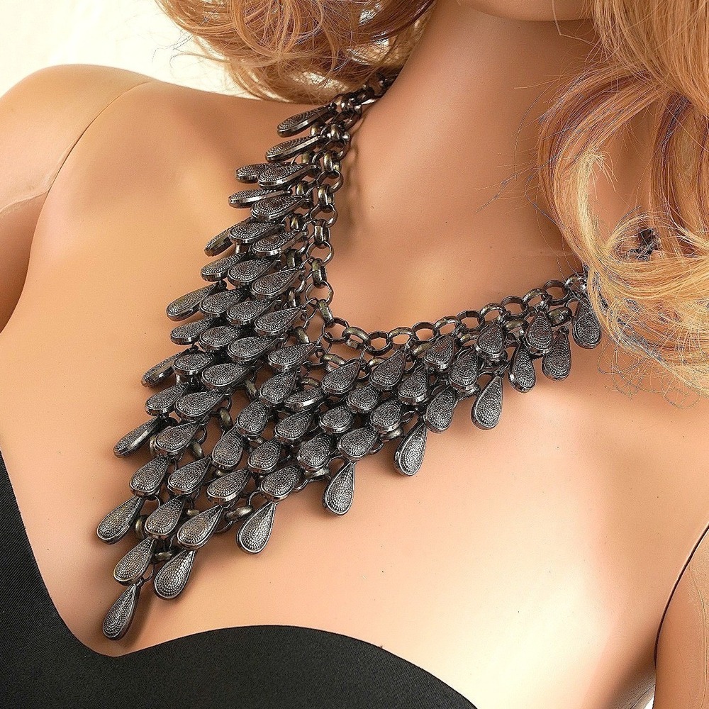 Statement Bib Necklace Gunmetal Teardrop Tiered Chandelier Chunky Chain Grey‎